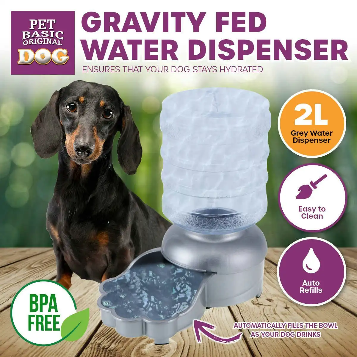 Pet Basic 2L Pet Gravity Fed Water Dispenser Auto Fill System Non-Slip Base
