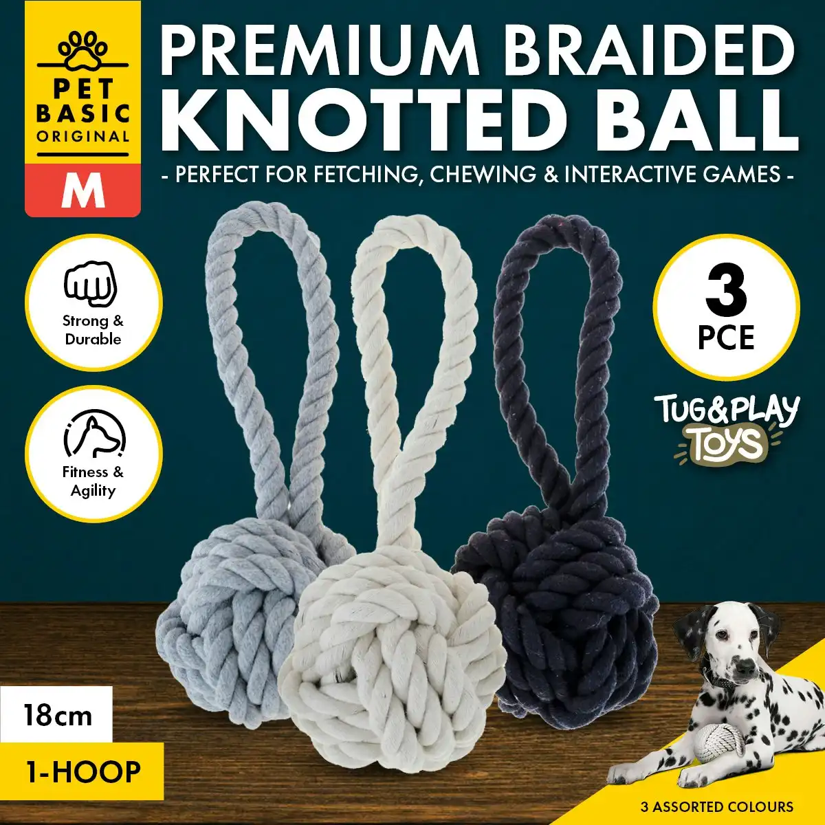 Pet Basic 3PCE Premium Braided Rope Knotted Ball Medium Natural Fibres 18cm
