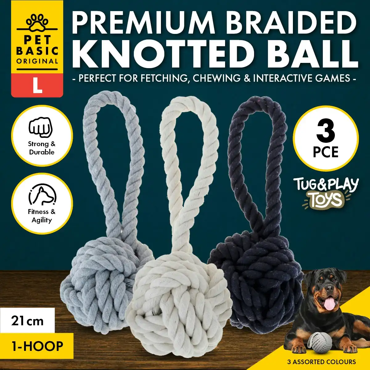 Pet Basic 3PCE Premium Braided Rope Knotted Ball Large Natural Fibres 21cm