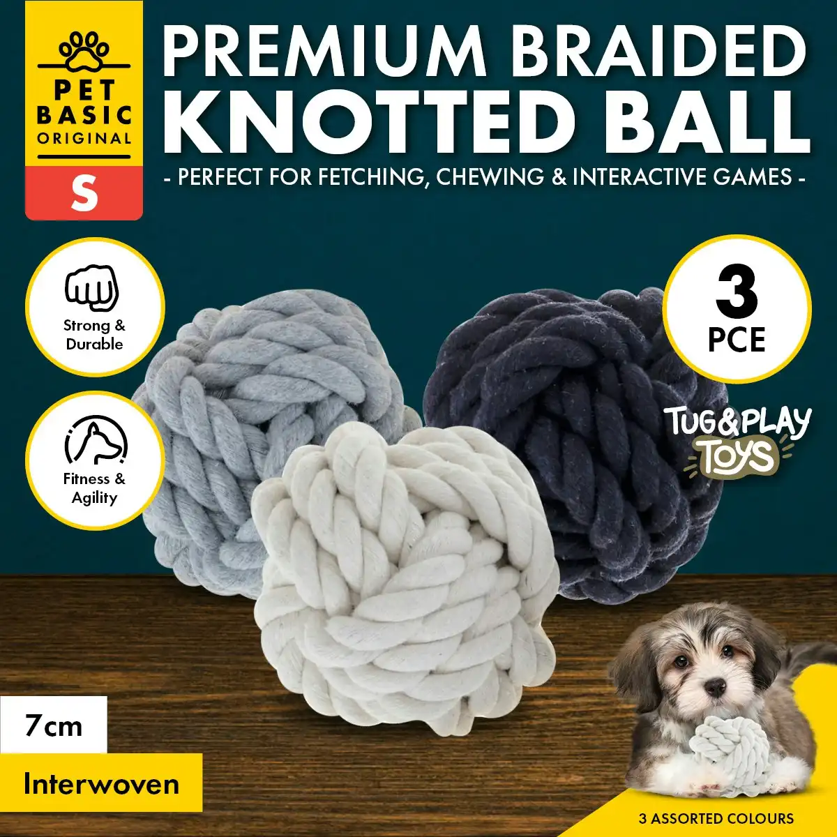 Pet Basic 3PCE Premium Braided Knotted Ball Size Small Natural Fibres 7cm