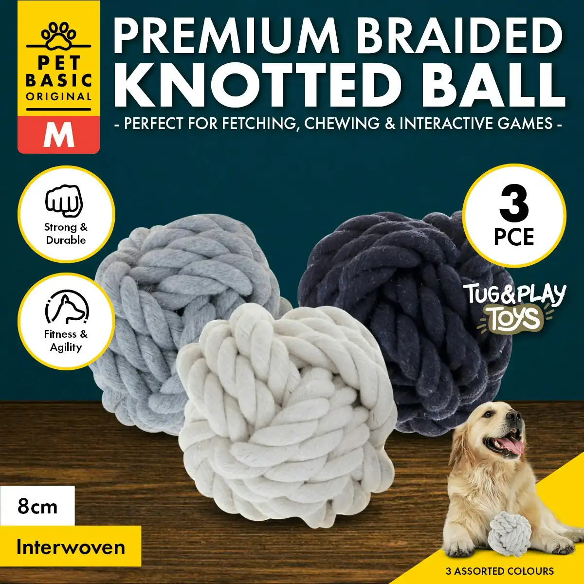 Pet Basic 3PCE Premium Braided Knotted Ball Size Medium Natural Fibres 8cm