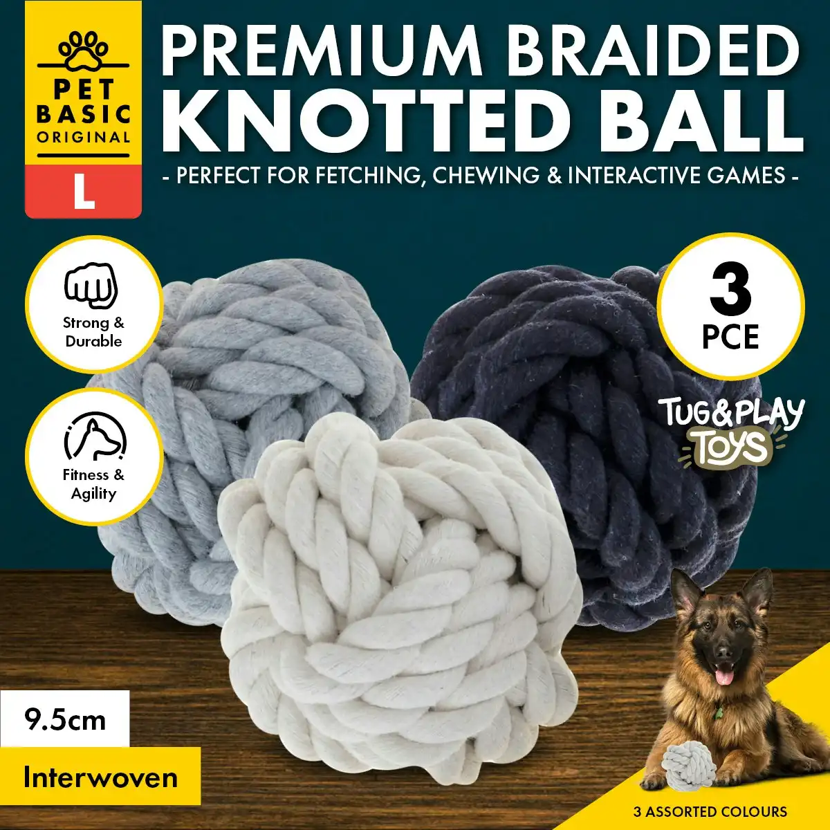 Pet Basic 3PCE Premium Braided Knotted Ball Size Large Natural Fibres 9.5cm