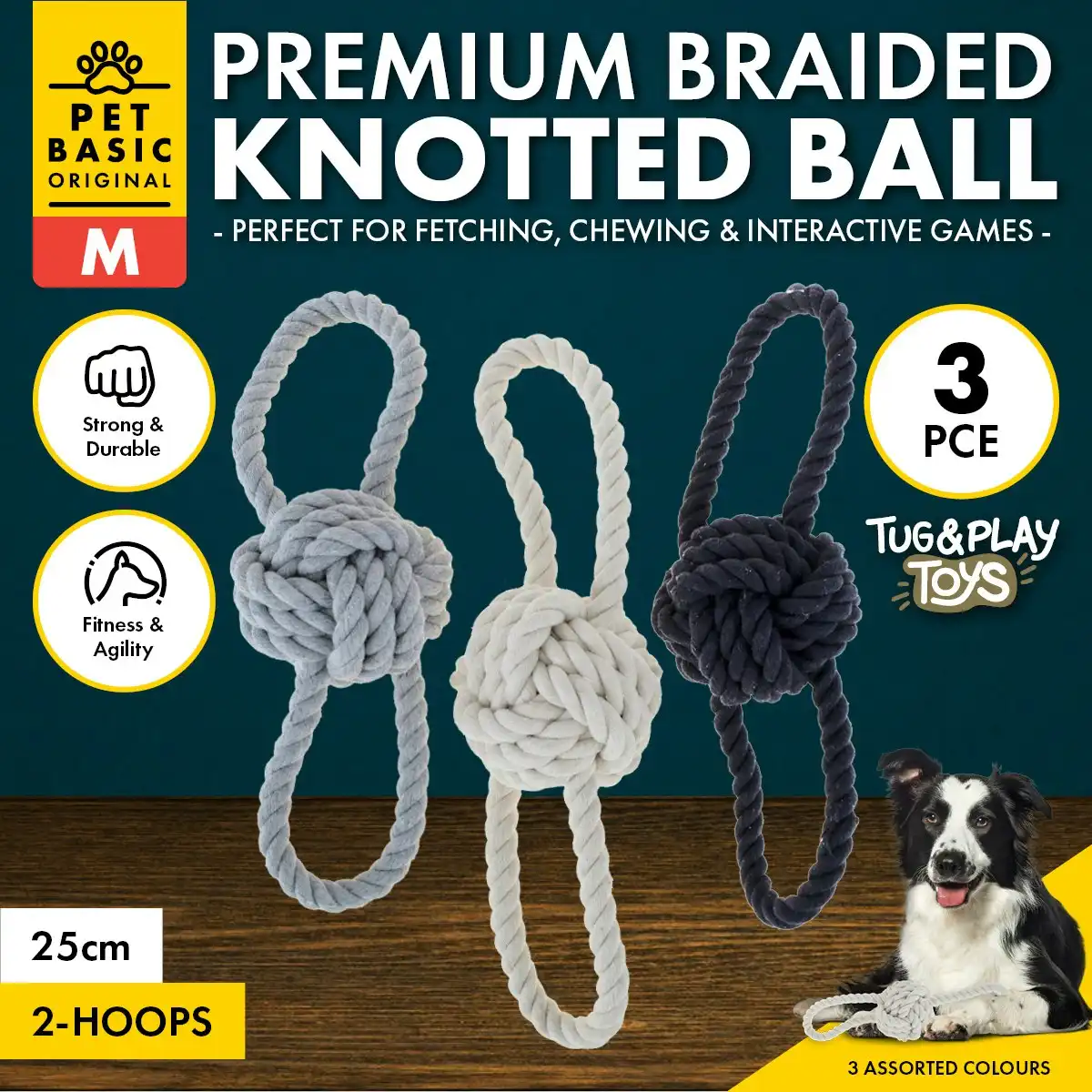 Pet Basic 3PCE Premium Braided Rope Knotted Ball & Loops Natural Fibres 25cm