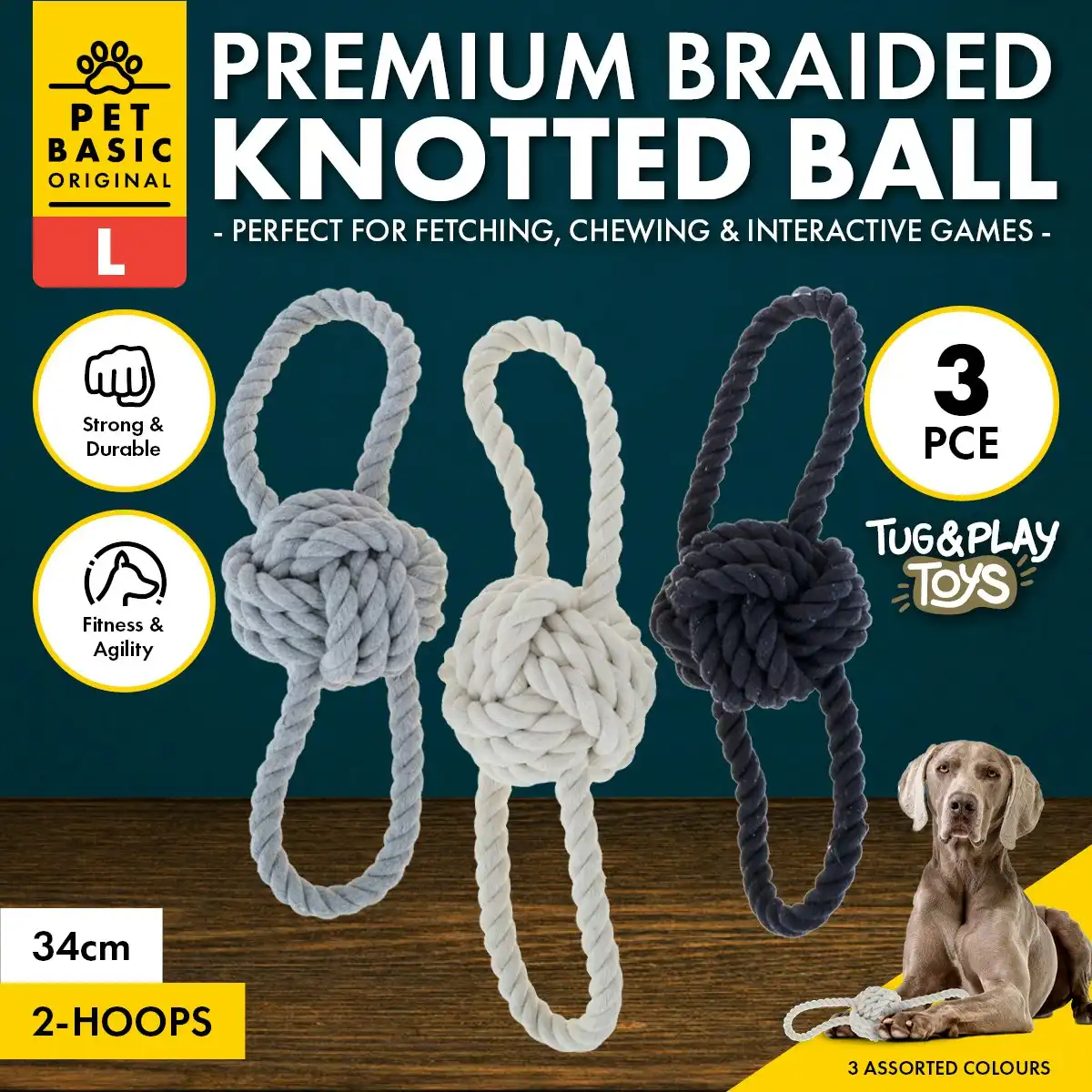 Pet Basic 3PCE Premium Braided Rope Knotted Ball & Loops Natural Fibres 34cm