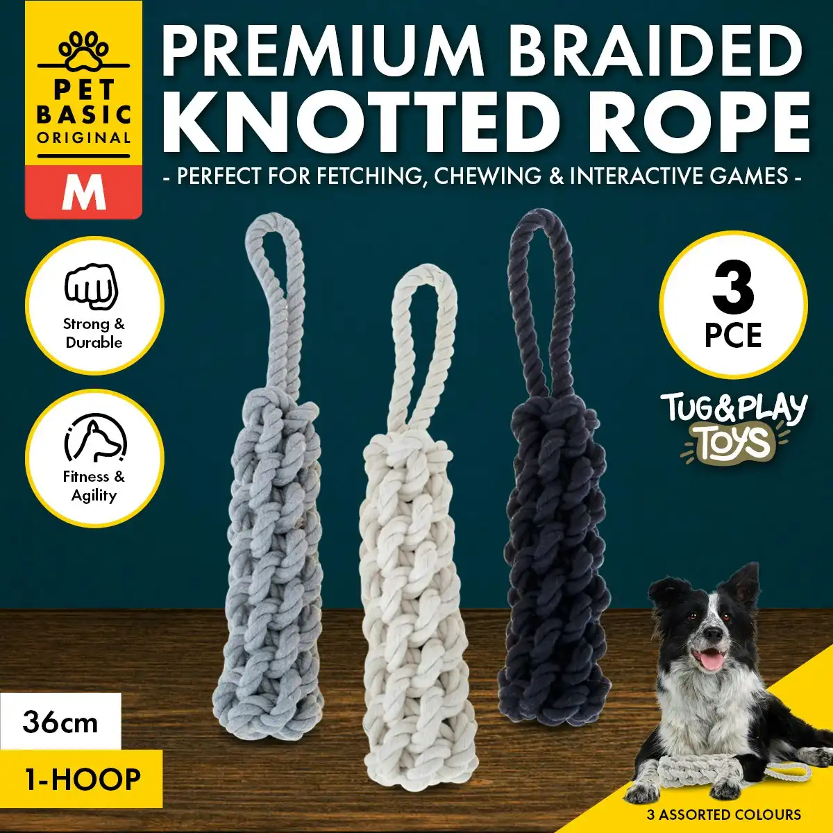 Pet Basic 3PCE Premium Braided Knotted Rope Medium Natural Fibres 36cm