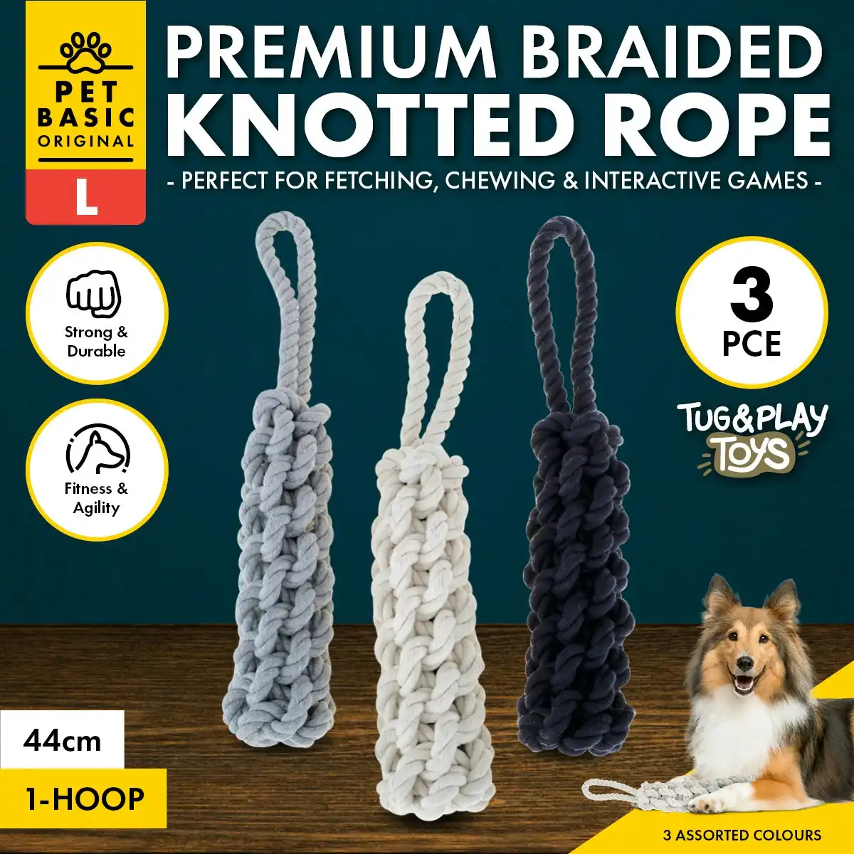Pet Basic 3PCE Premium Braided Knotted Rope Large Natural Fibres 44cm