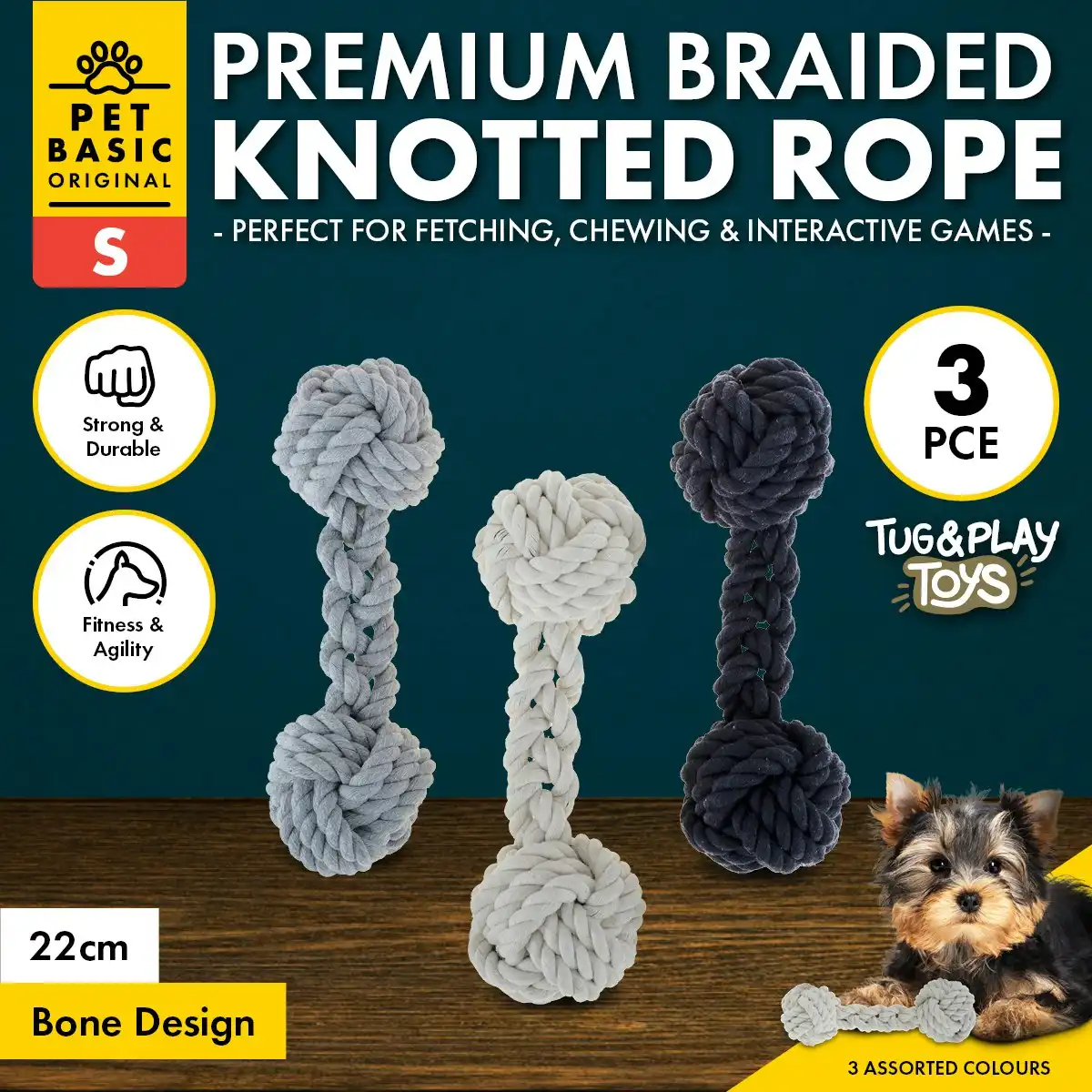Pet Basic 3PCE Premium Braided Knot Bone Size Small Natural Fibres 22cm