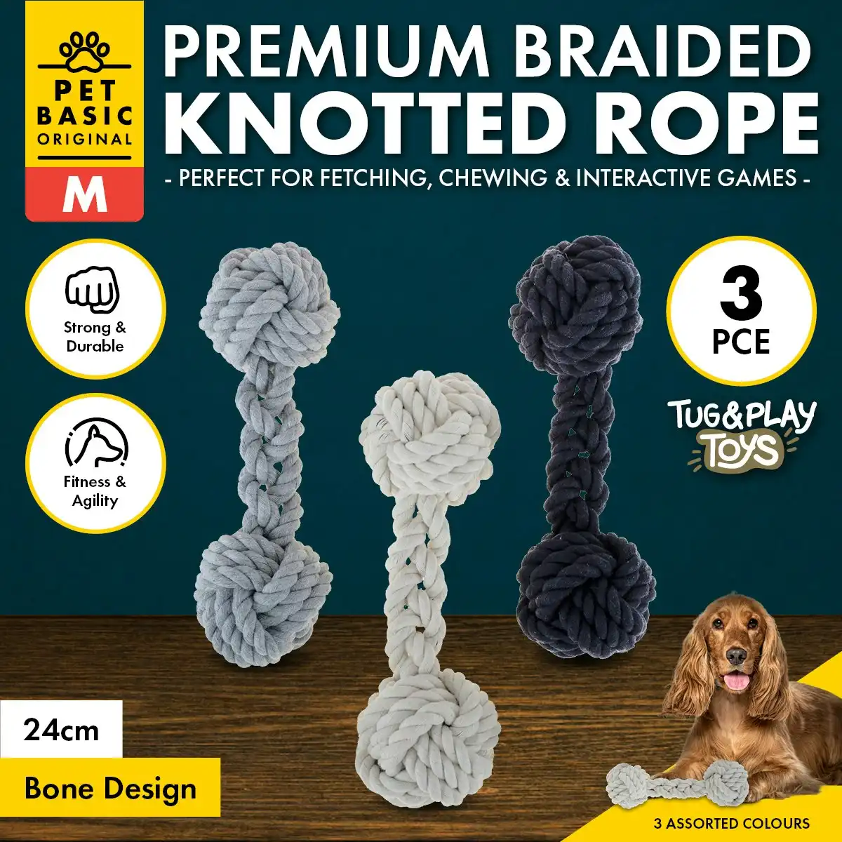 Pet Basic 3PCE Premium Braided Knot Bone Size Medium Natural Fibres 24cm