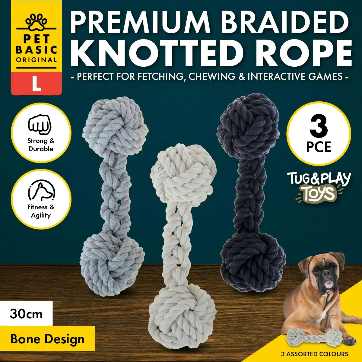 Pet Basic 3PCE Premium Braided Knot Bone Size Large Natural Fibres 30cm