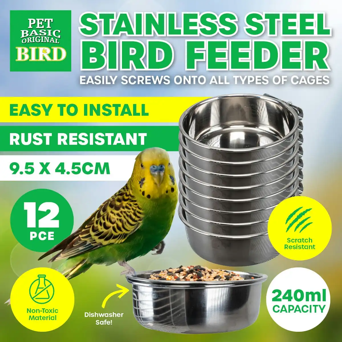 Pet Basic 12PCE Bird Feeders 9.5cm Stainless Steel Rust/Spill Resistant 240ml