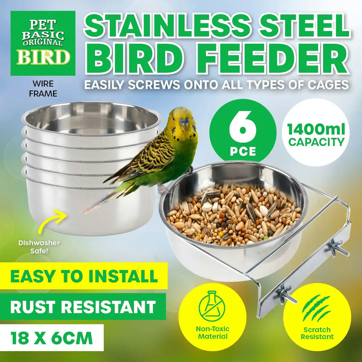 Pet Basic 6PCE Bird Feeders 18cm Stainless Steel Rust/Spill Resistant 1400ml