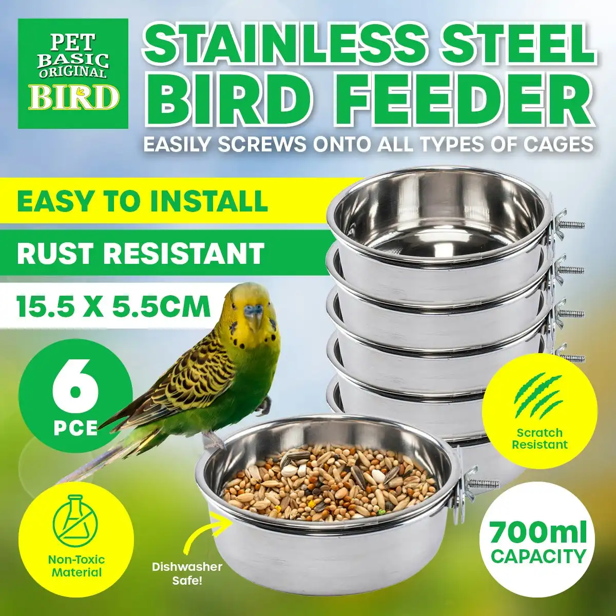 Pet Basic 6PCE Bird Feeders 15.5cm Stainless Steel Rust/Spill Resistant 700ml