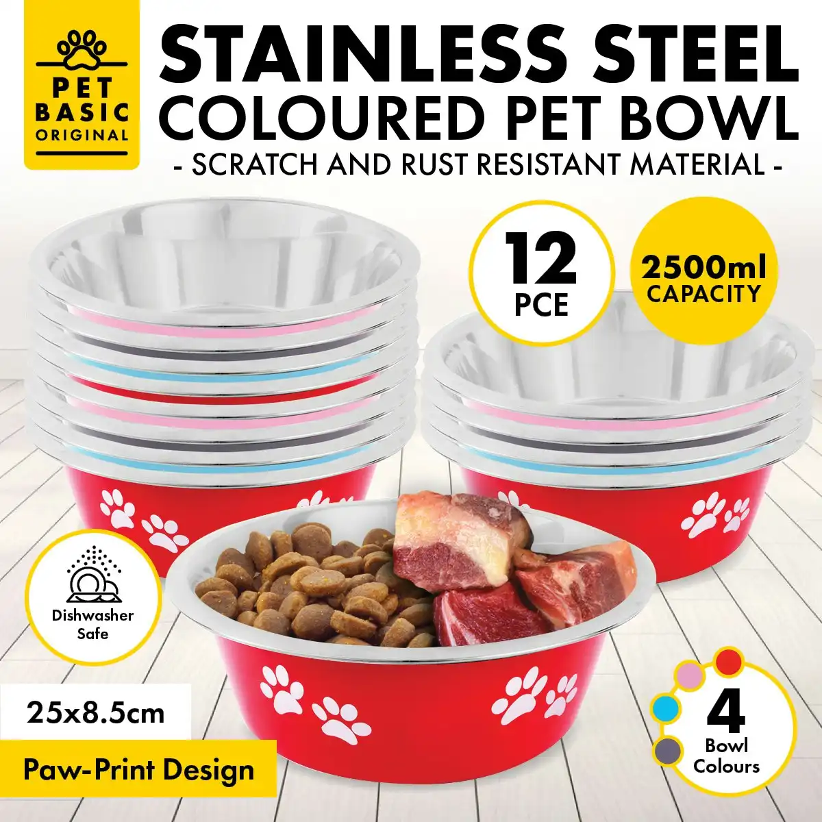 Pet Basic 12PCE Pet Bowl 25cm Stainless Steel Coloured With Paw Prints 2500ml