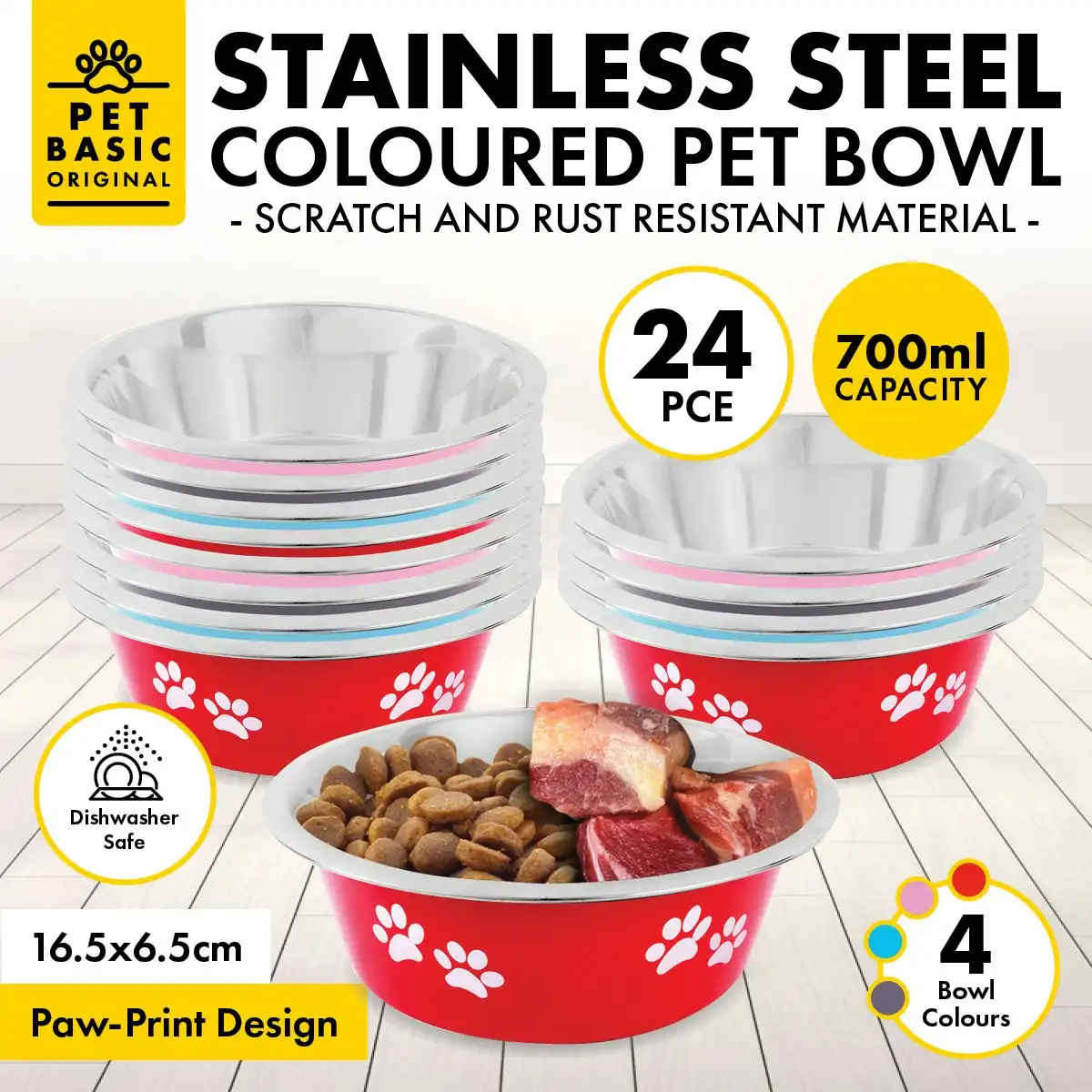 Pet Basic 24PCE Pet Bowl 16.5cm Stainless Steel Coloured With Paw Print 700ml