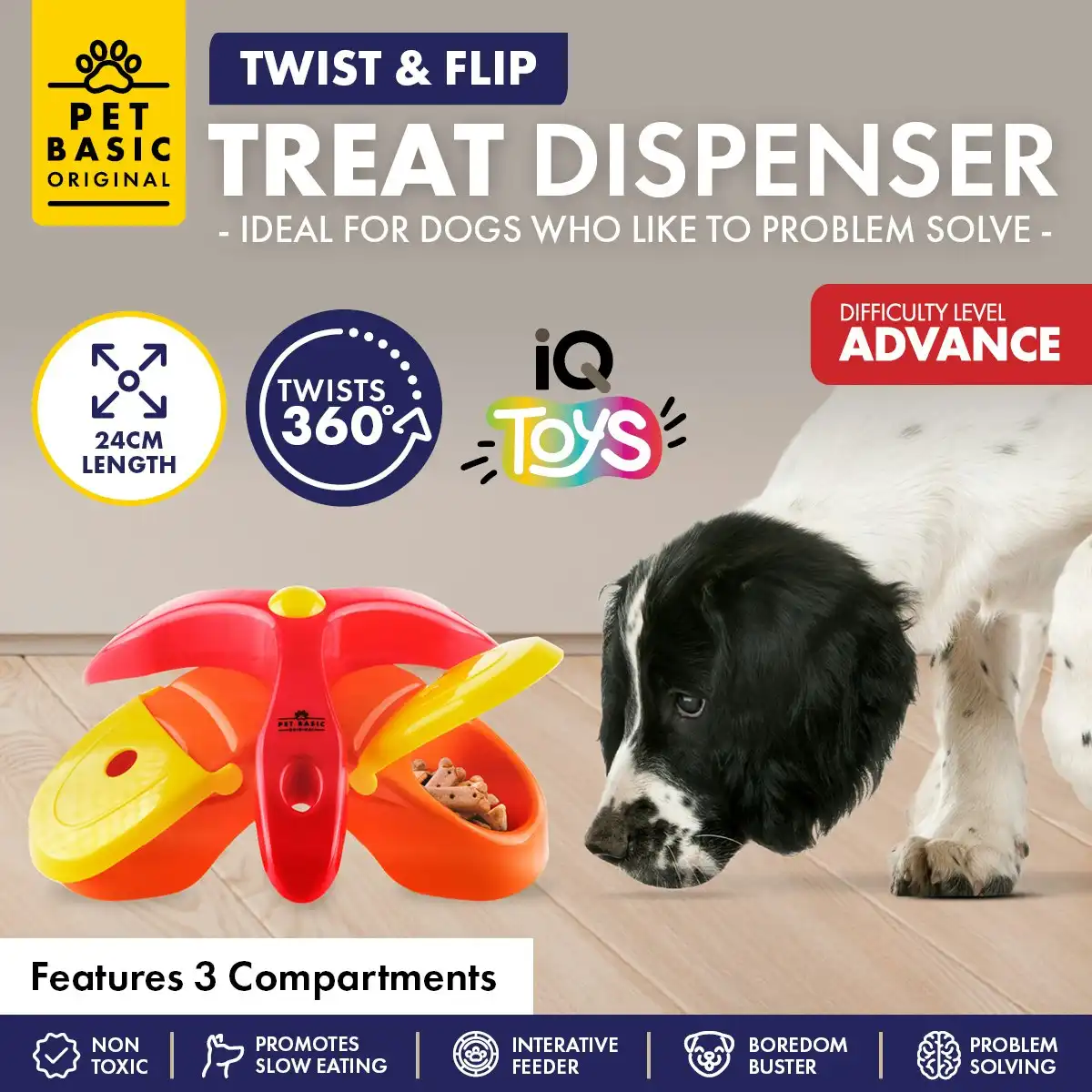 Pet Basic Interactive Twist & Flip Treat Dispenser Advanced Fun IQ Toy 24cm