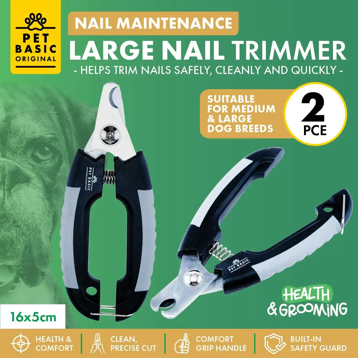 Pet Basic 2PCE Nail Trimmers Medium/Large Breeds Built-In Safety Guard 16cm