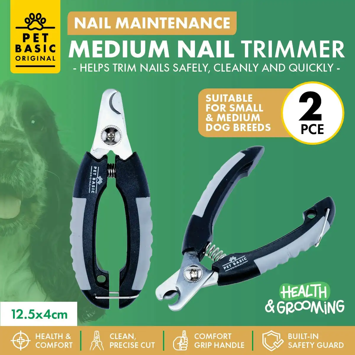 Pet Basic 2PCE Nail Trimmers Small/Medium Breeds Built-In Safety Guard 12.5cm