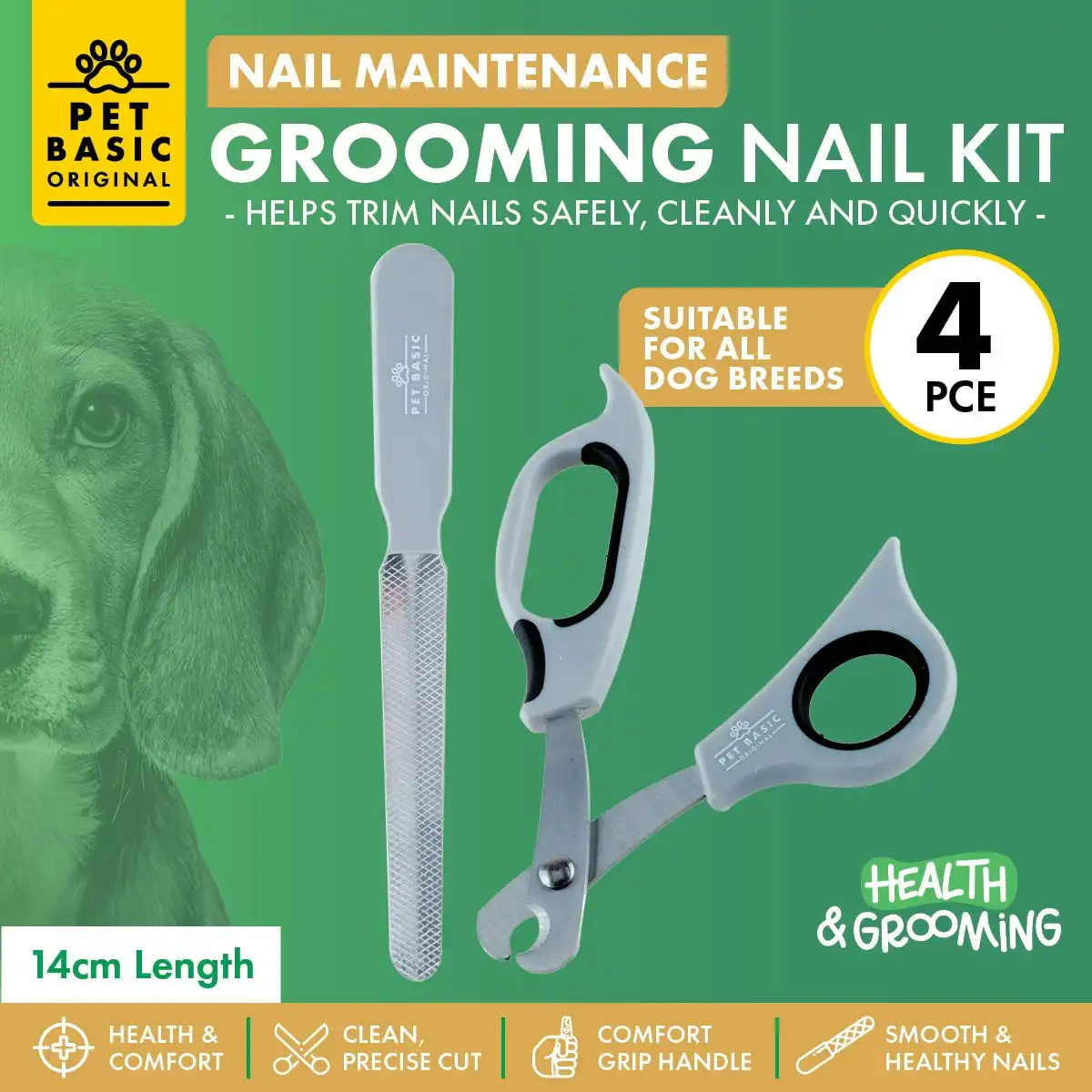 Pet Basic 4PCE Nail Grooming Kit All Breeds Comfort Grip Handle 14cm