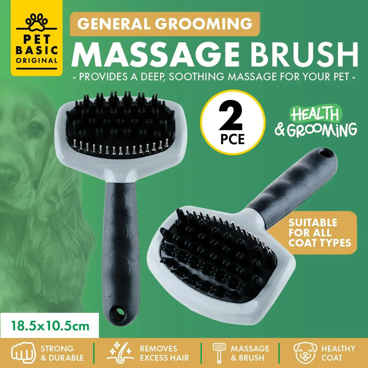 Pet Basic 2PCE Massage Grooming Brush Soothing & Gentle Wet Or Dry 18.5cm