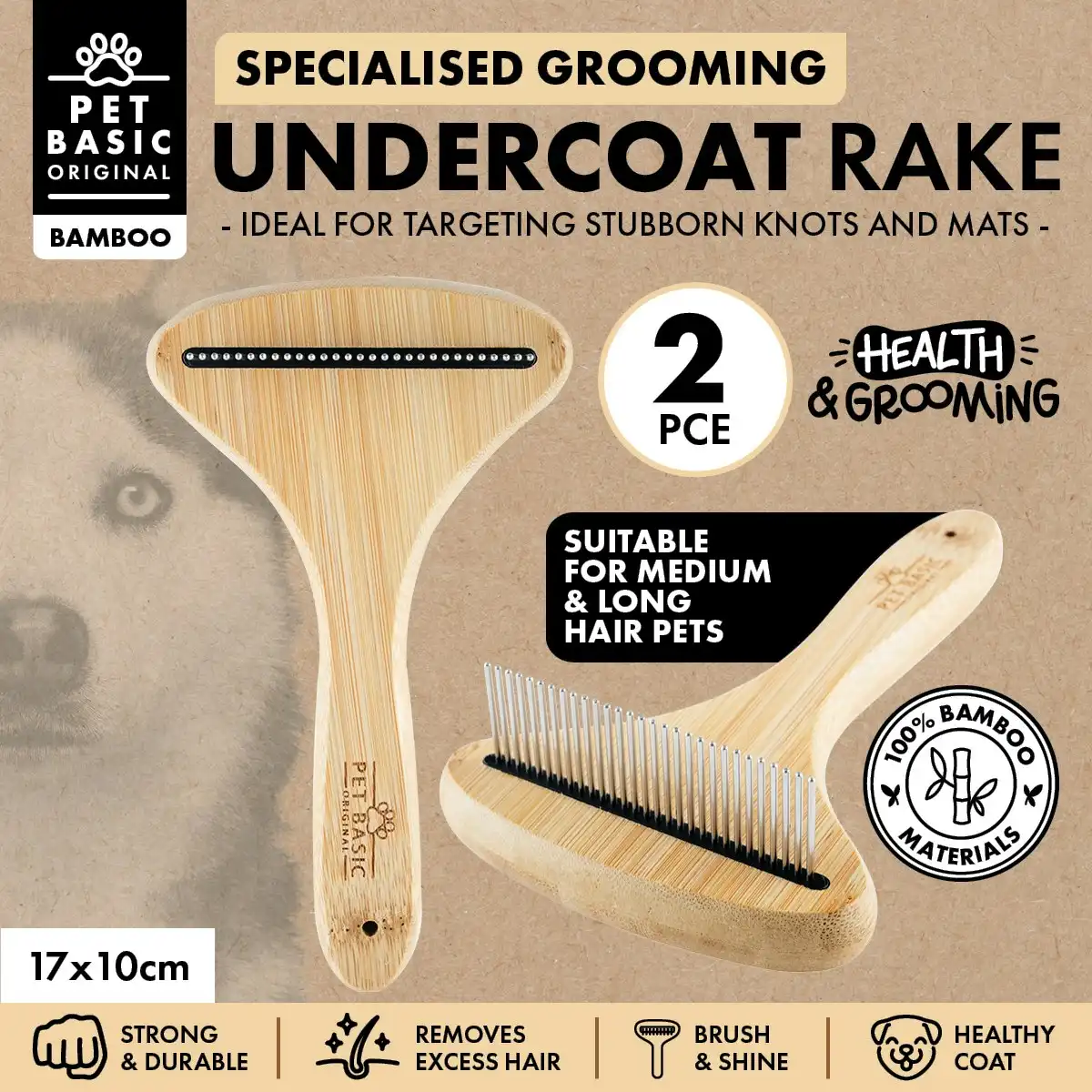 Pet Basic 2PCE Undercoat Comb Bamboo Design Detangle & Remove Excess Fur 17cm
