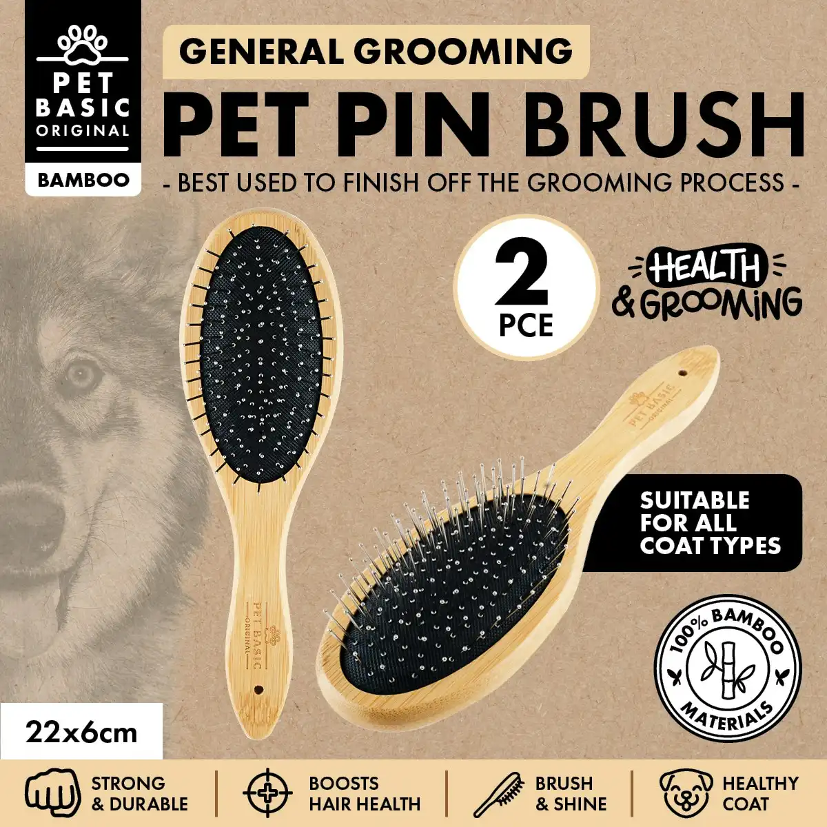 Pet Basic 2PCE Pin Bristled Brush Bamboo Design Remove Excess Fur 22cm