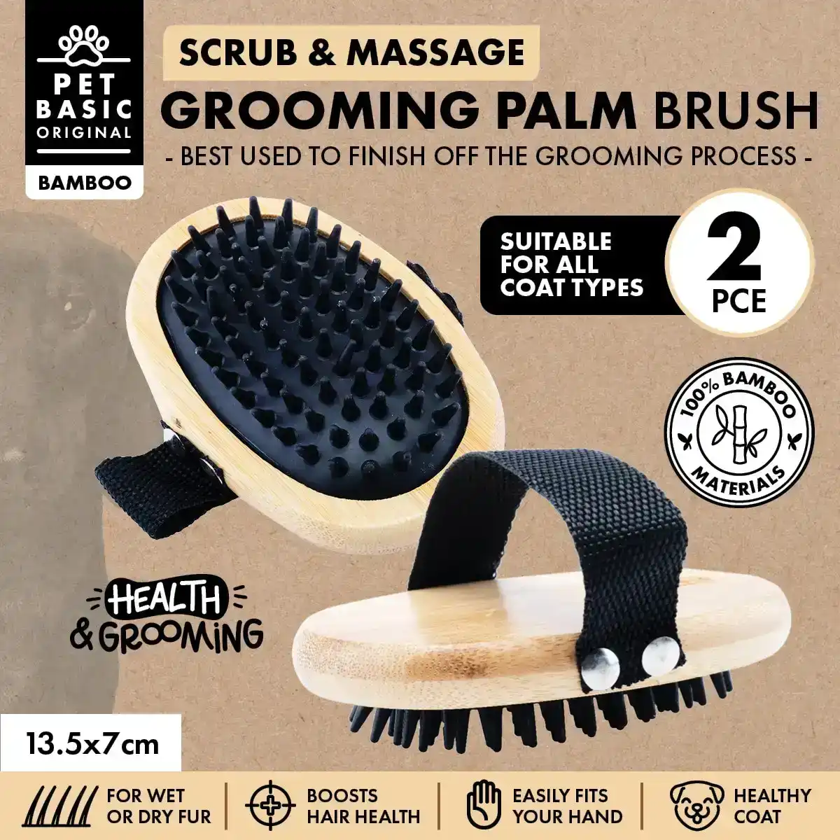 Pet Basic® 2PCE Massage Grooming Palm Brush Soothing & Gentle Wet/Dry 13.5cm