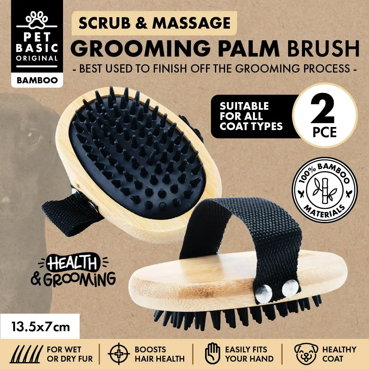 Pet Basic 2PCE Massage Grooming Palm Brush Soothing & Gentle Wet/Dry 13.5cm