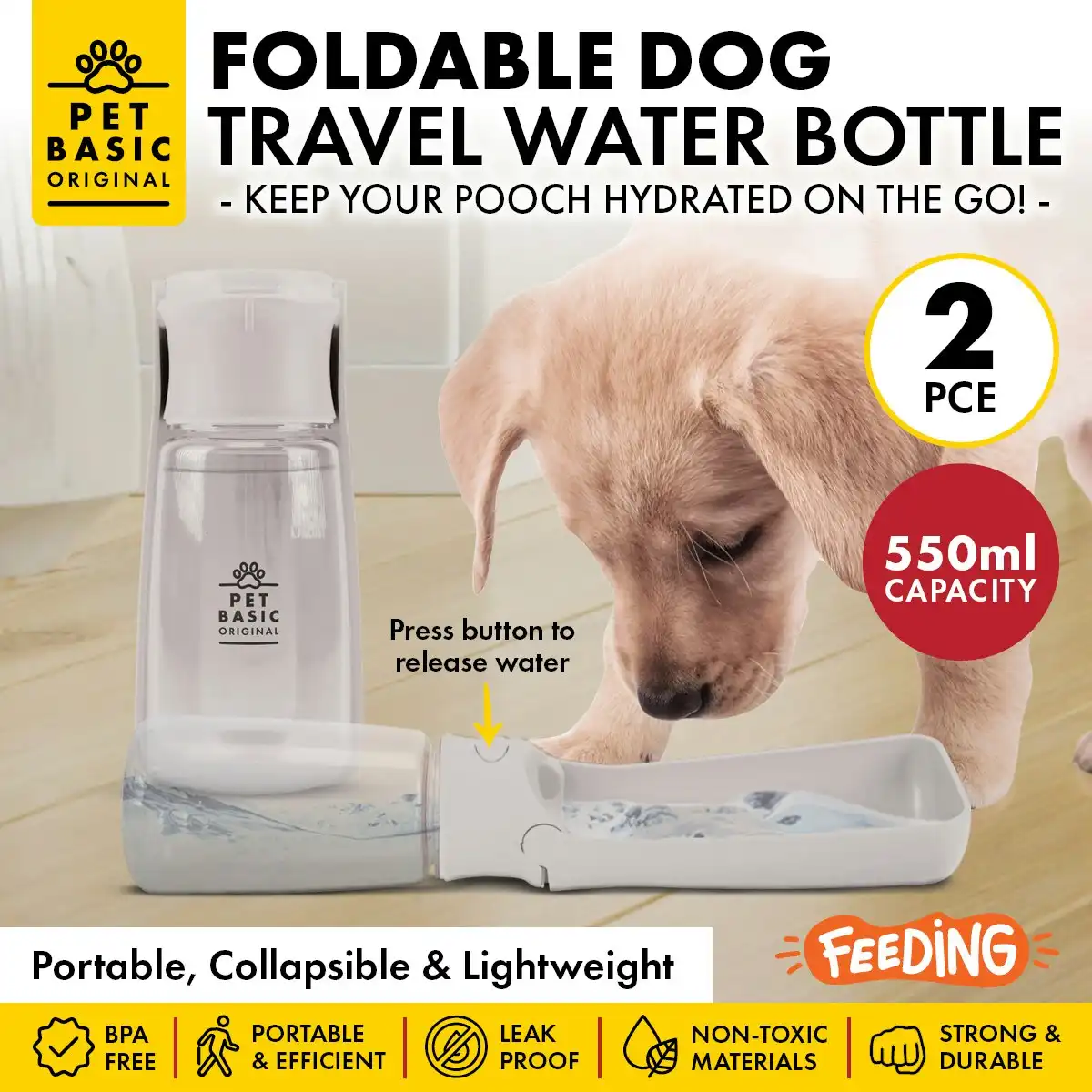 Pet Basic 2PCE Portable Dog Water Bottle Button Release Leak Proof 550ml