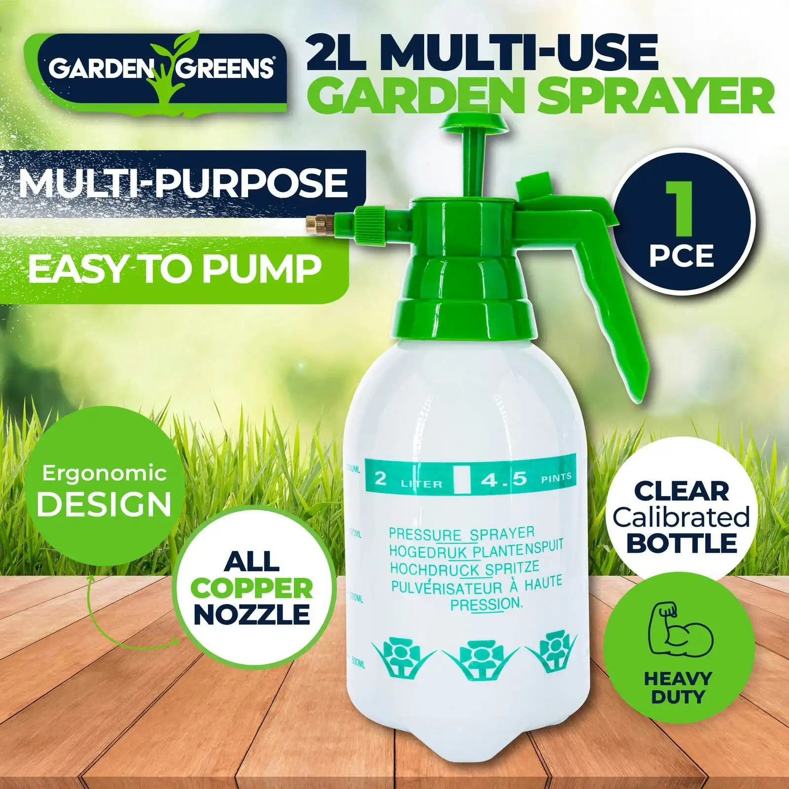 Garden Greens 2L Pressure Sprayer Easy Pump Adjustable Nozzle Garden Plants
