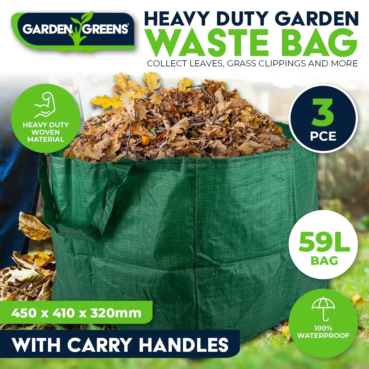 Garden Greens 3PCE Garden Waste Bag Reusable Strong Material Lightweight 59L