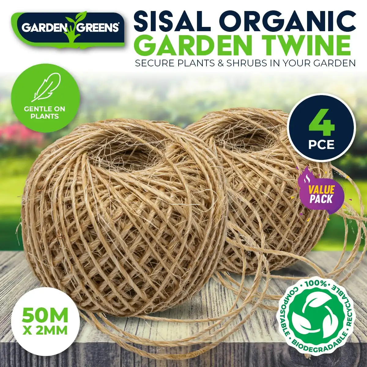 Garden Greens 4PCE Garden Twine Sisal Versatile Organic Gentle 50m x 2mm