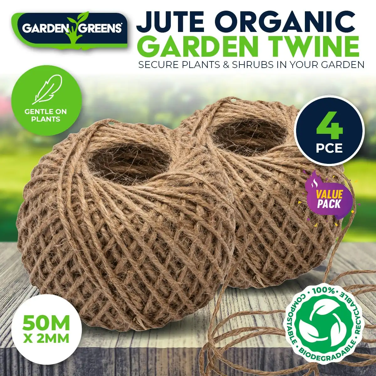Garden Greens 4PCE Garden Twine Jute Versatile Organic Gentle 50m x 2mm