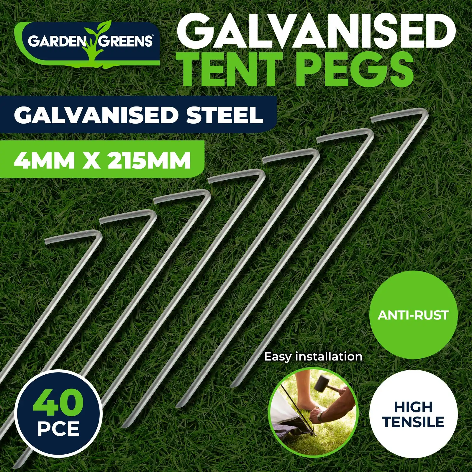 Garden Greens 40PCE Tent Pegs Multi Purpose Anti Rust High Tensile 4 x 215mm
