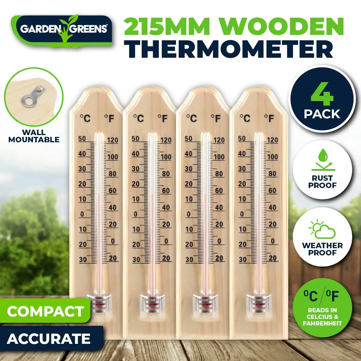 Garden Greens 4PK Thermometer Wooden Accurate Weatherproof 21.5 x 4.5cm