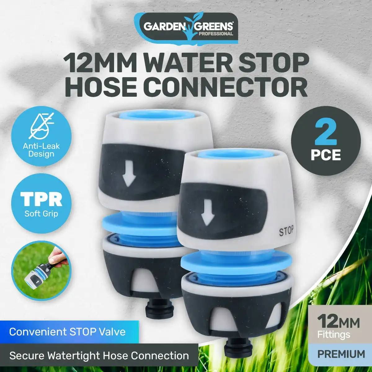 Garden Greens 2PCE Hose Connector With Handy Stop Valve Premium Quality 12mm
