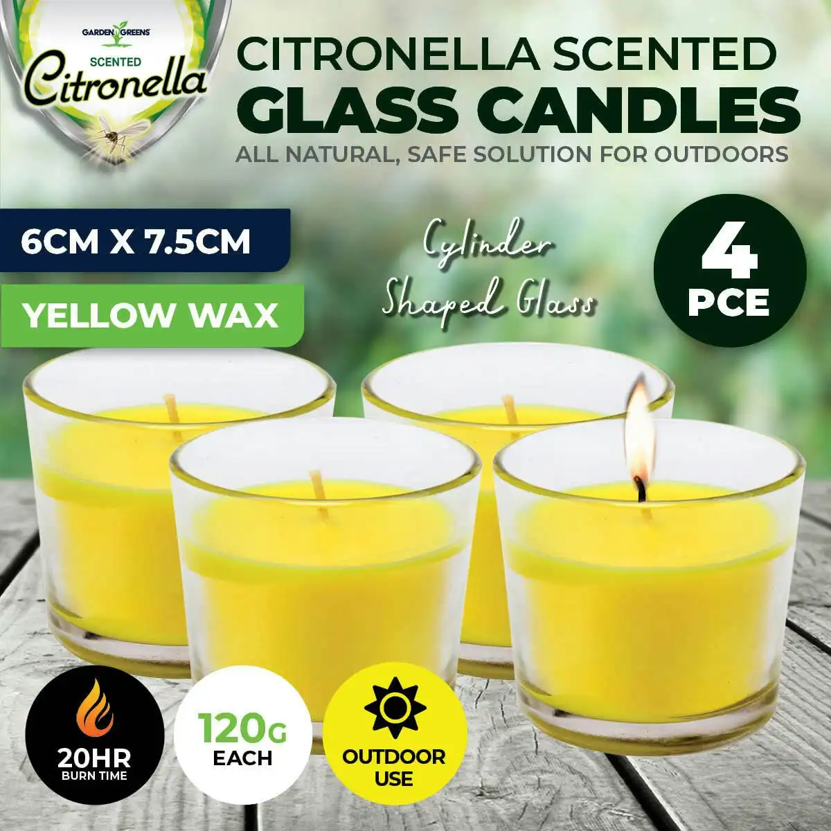 Garden Greens 4PCE Citronella Scented Candles Cylinder Glass Jars 120g