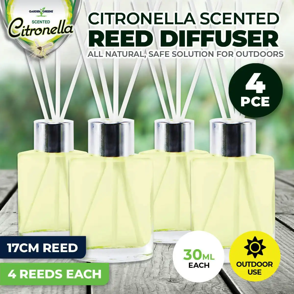 Garden Greens 4PCE Citronella Scented Reed Diffusers Natural Repellent 30ml