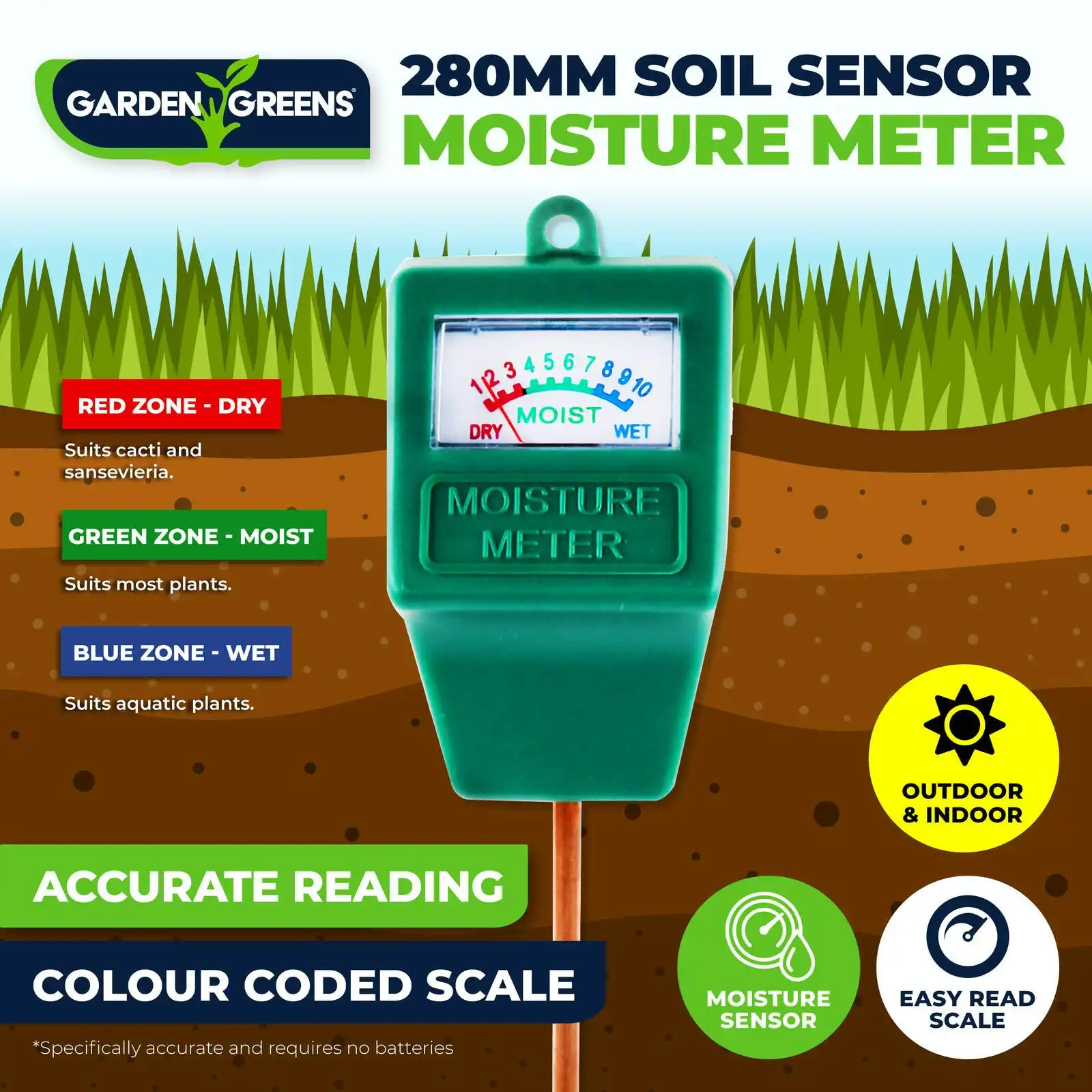 Garden Greens Soil Moisture Metre Colour Coded Scale Accurate Easy Read 28cm