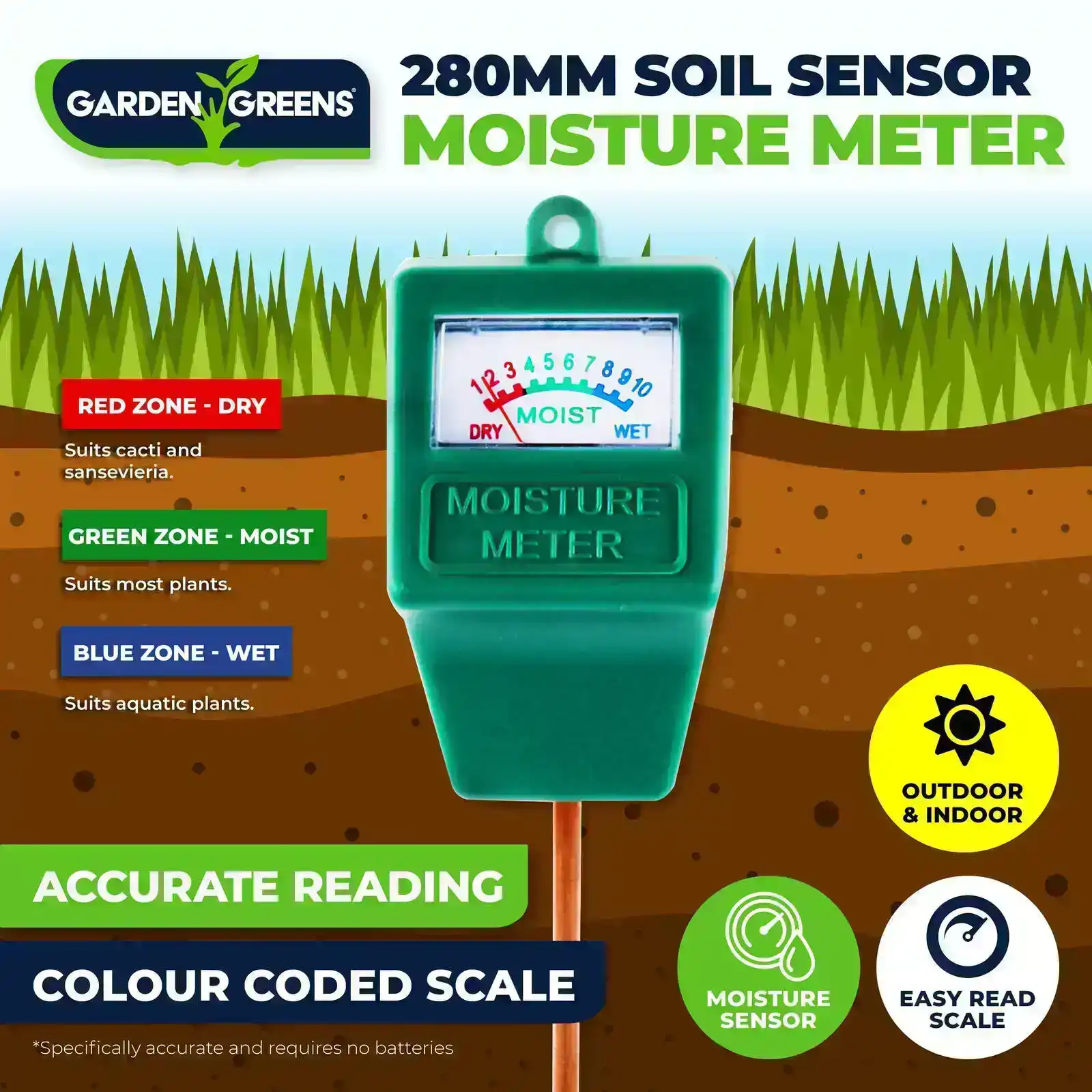 Garden Greens® Soil Moisture Metre Colour Coded Scale Accurate Easy Read 28cm