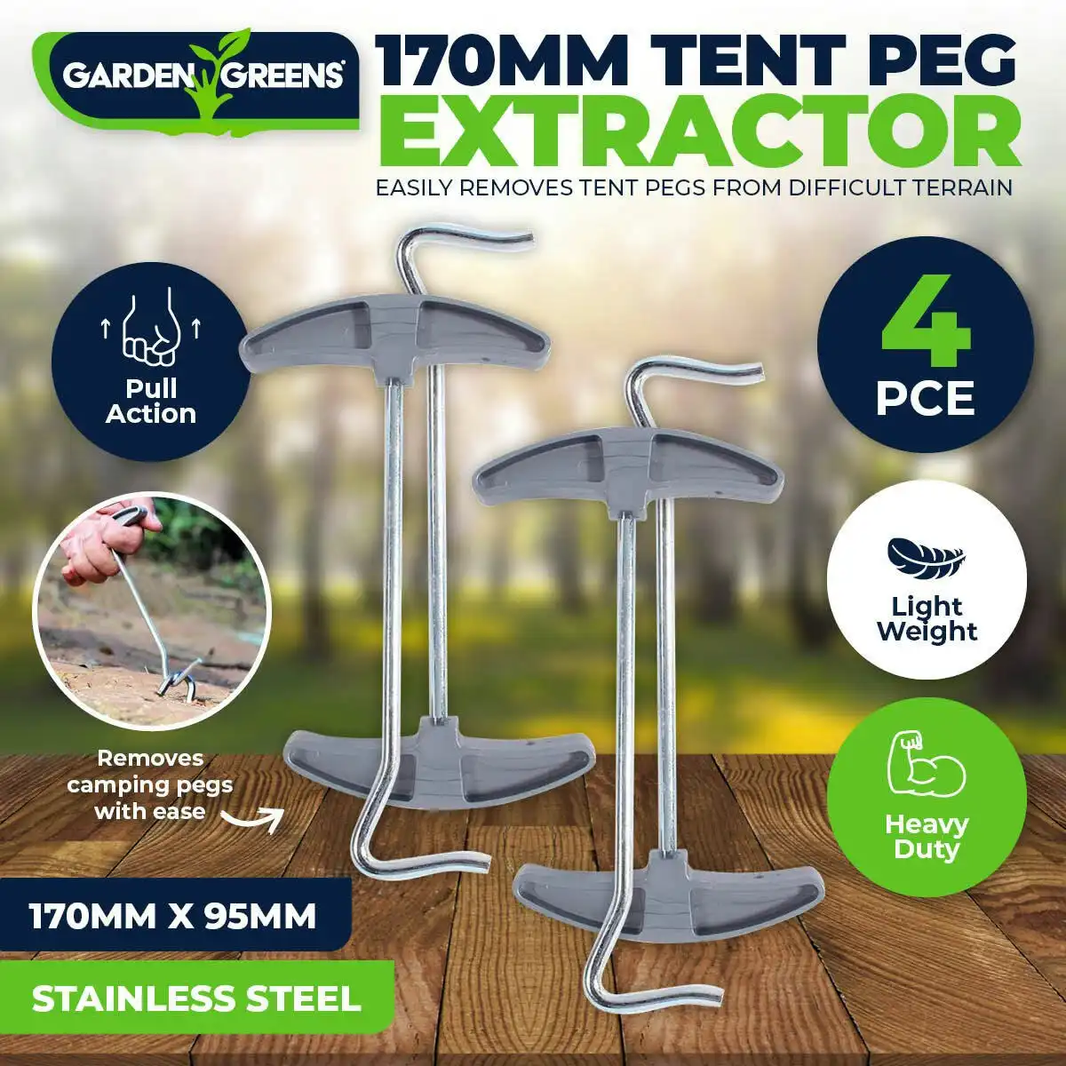 Garden Greens 4PCE Tent Peg Extractor Pull Action Remove Weather Proof 170mm