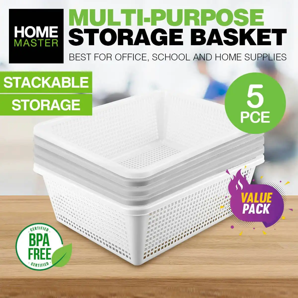 Home Master 5PCE Storage Baskets Multi-Purpose Space Saving 29cm