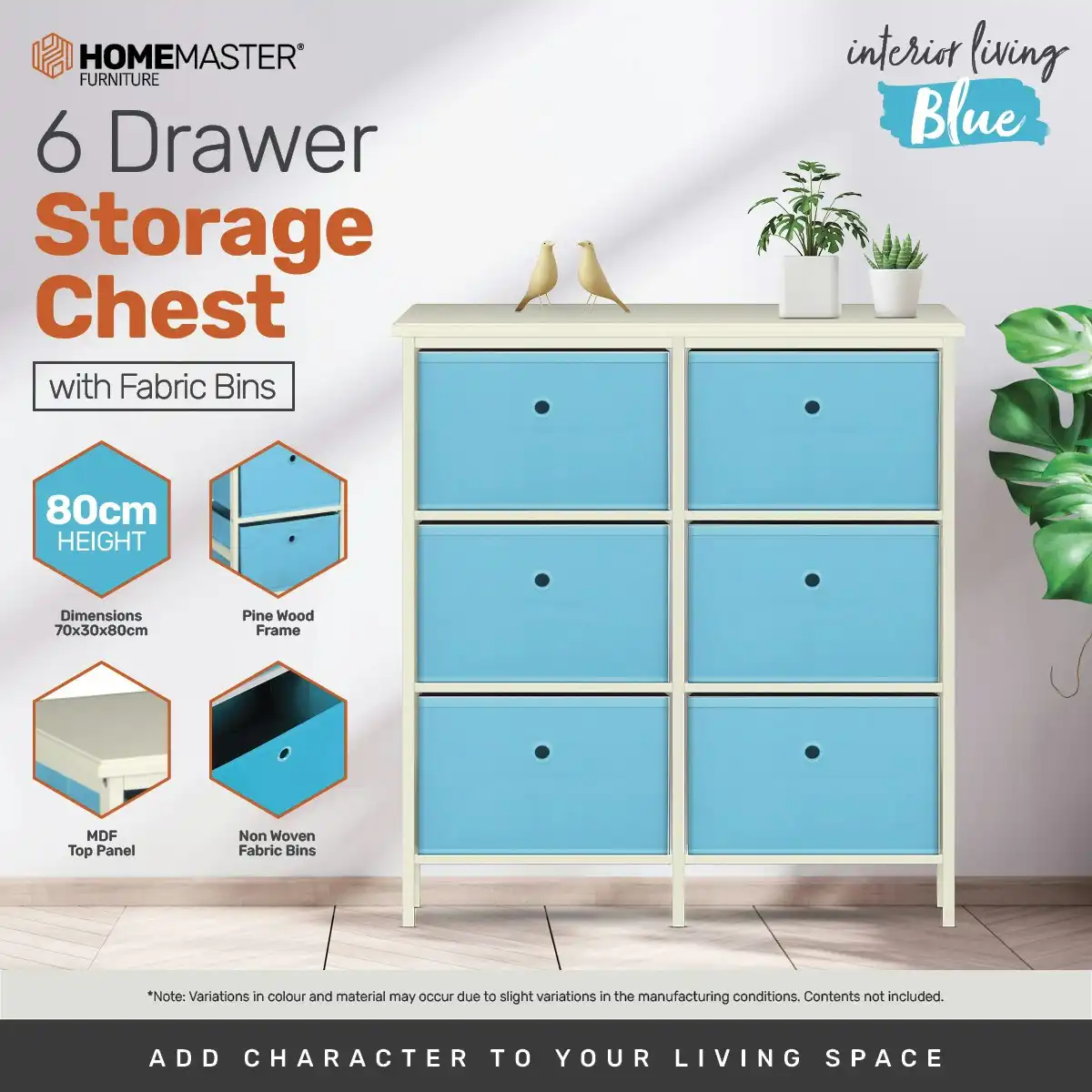 Home Master 6 Drawer Pine Wood Storage Chest Sky Blue Fabric Baskets 70 x 80cm