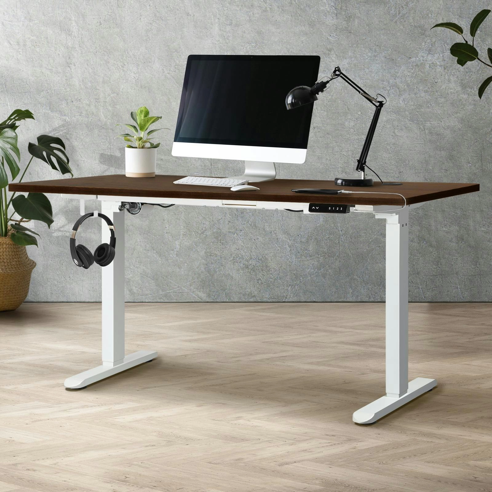 Oikiture 150CM Electric Standing Desk Single Motor White Frame Walnut Desktop With USB&Type C Port