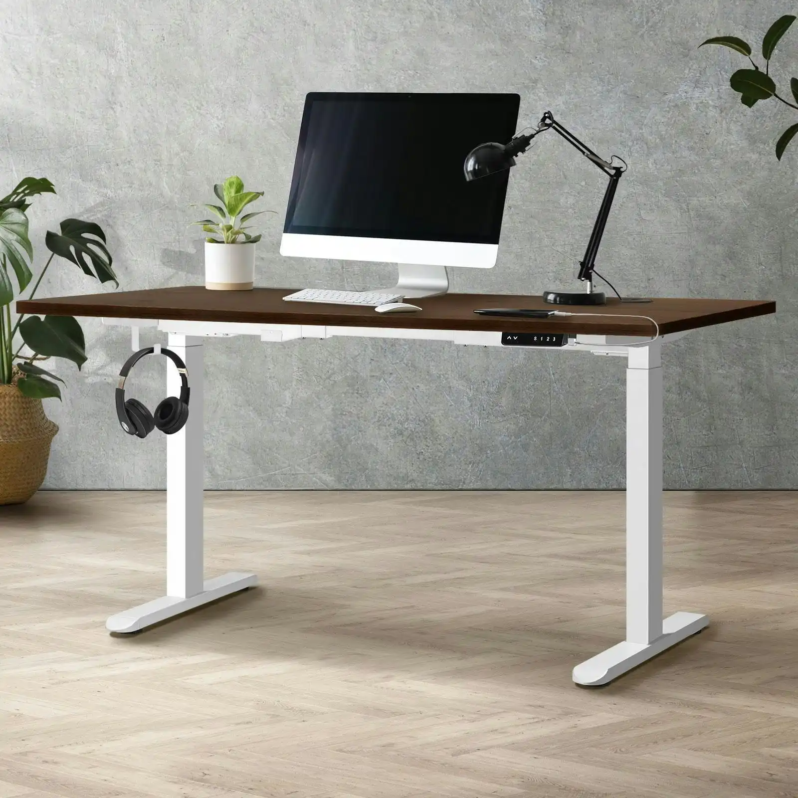 Oikiture 150cm Electric Standing Desk Dual Motor White Frame Walnut Desktop With USB&Type C Port