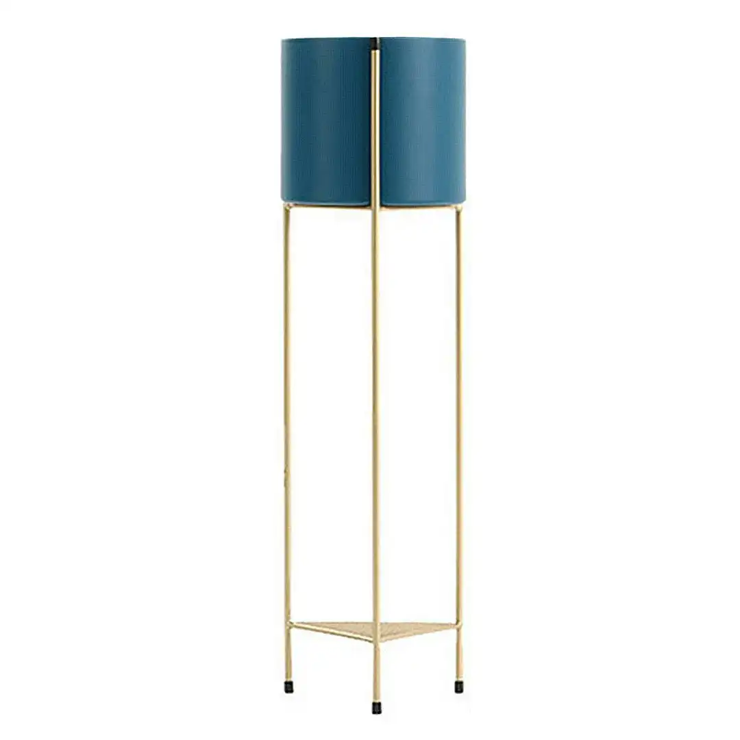 Soga 2 Layer 81cm Gold Metal Plant Stand with Blue Flower Pot Holder Corner Shelving Rack Indoor Display