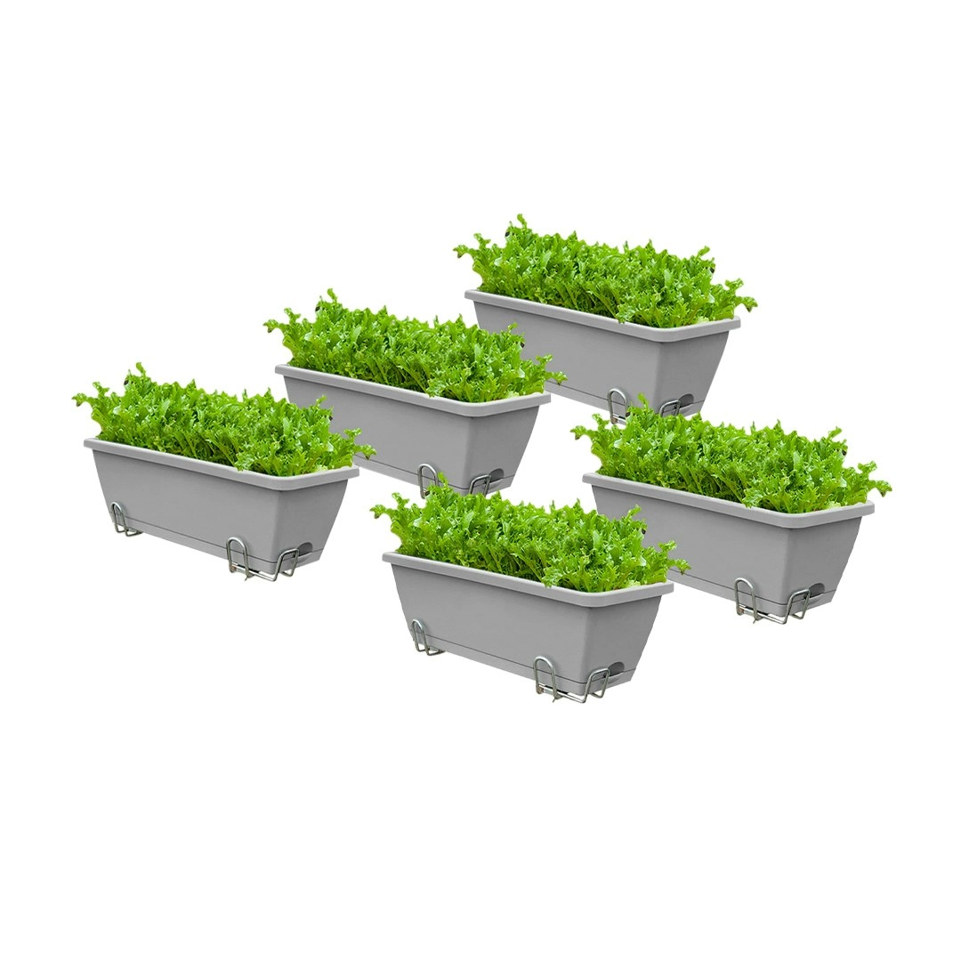 Soga 49.5cm Gray Rectangular Planter Vegetable Herb Flower Outdoor Plastic Box with Holder Balcony Garden Decor Set of 5