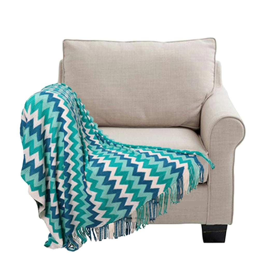 Soga 220cm Blue Zigzag Striped Throw Blanket Acrylic Wave Knitted Fringed Woven Cover Couch Bed Sofa Home Decor