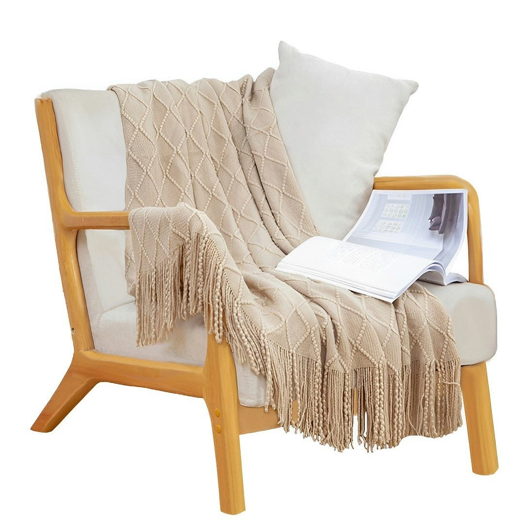 Soga Beige Diamond Pattern Knitted Throw Blanket Warm Cozy Woven Cover Couch Bed Sofa Home Decor with Tassels