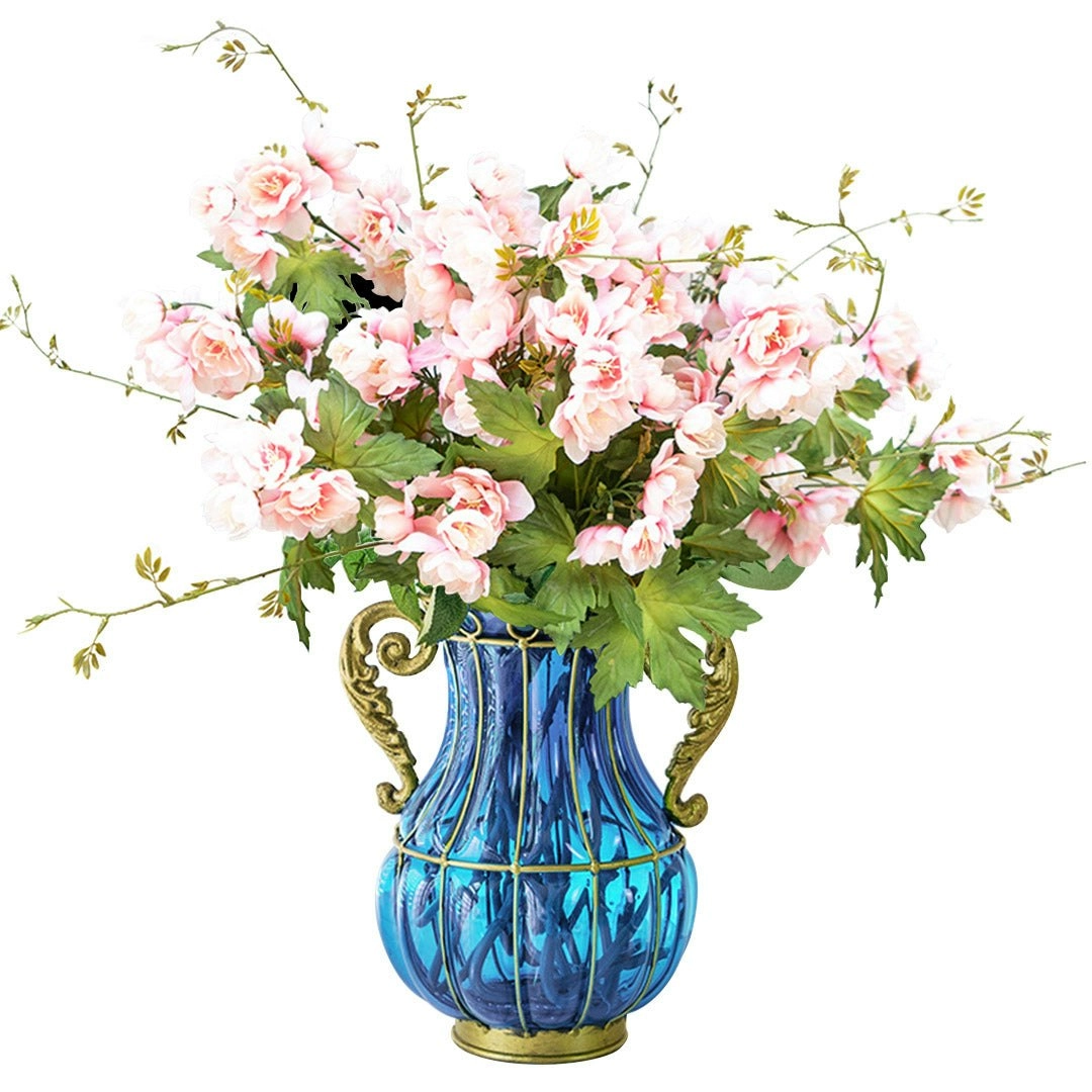 Soga Blue Colored Glass Flower Vase with 8 Bunch 3 Heads Artificial Fake Silk Hibiscus Home Decor Set