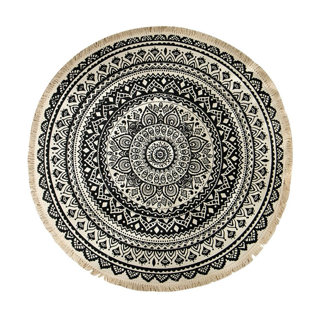 Soga Black Carpet Soft Linen Bohemian Non-Slip Floor Retro Minimalist Round Rug Home Decor with Tassels